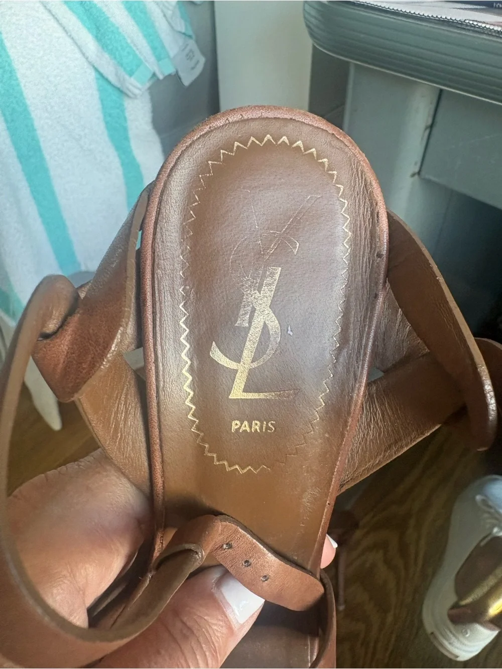 Women's Brown Leather T-Strap Woven Platform Sandals